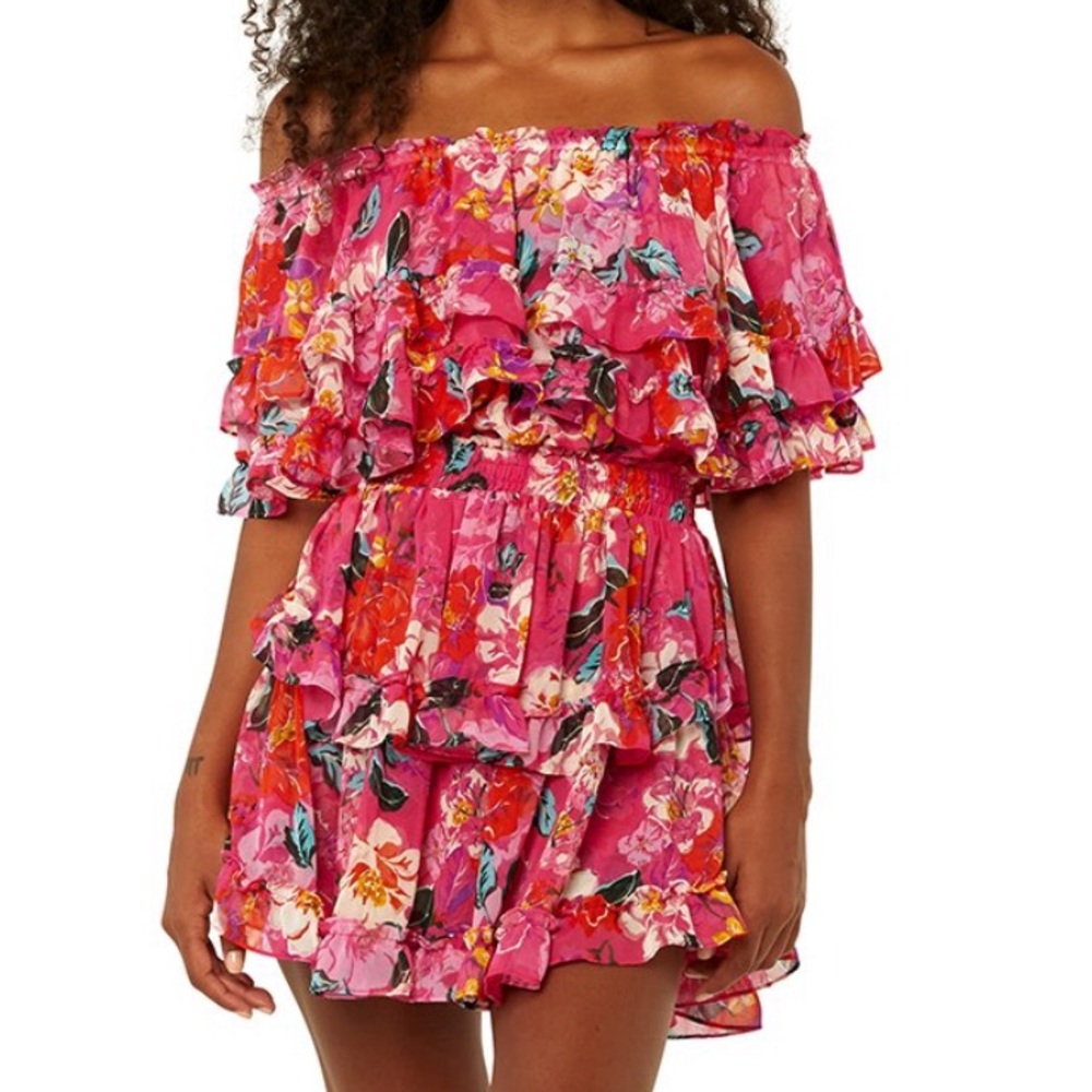 Misa Los Angeles pink floral off shoulder dress